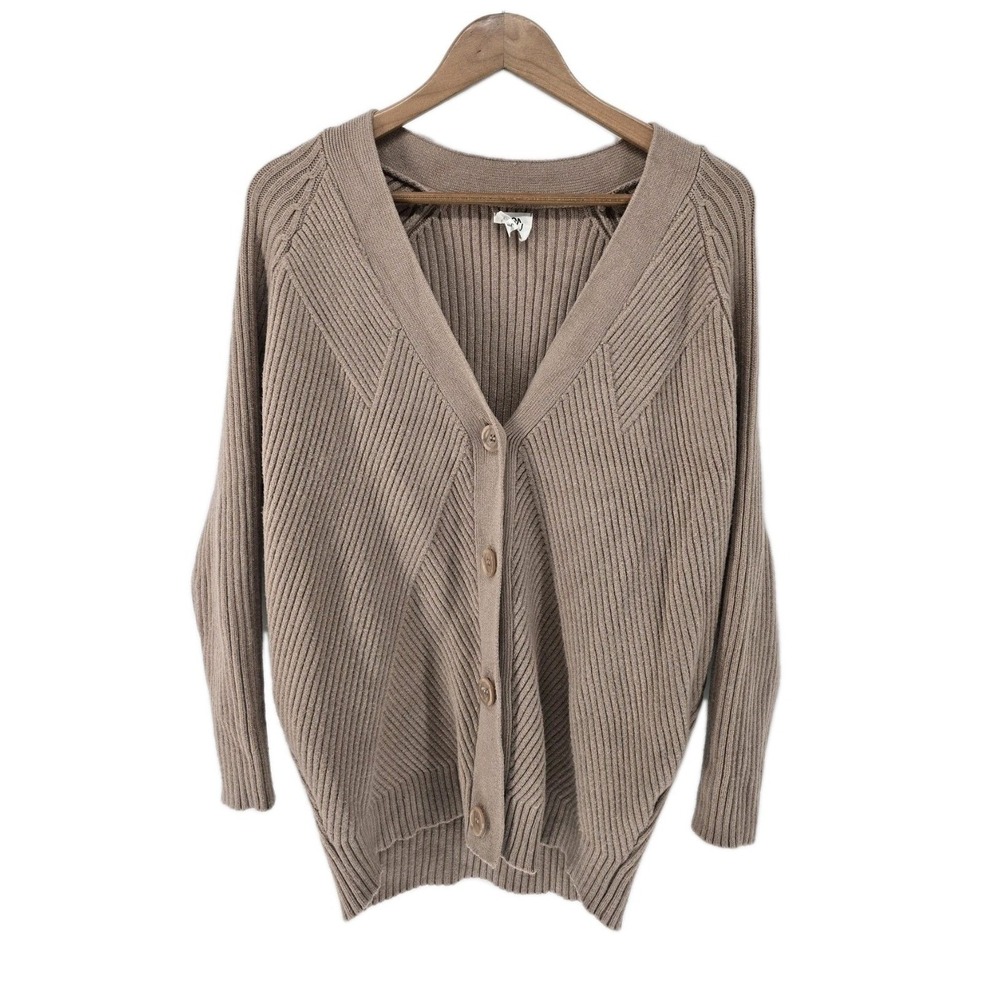 dRA Los Angeles Cardigan Sweater Womens Small Taupe Ribbed Knit Button Front